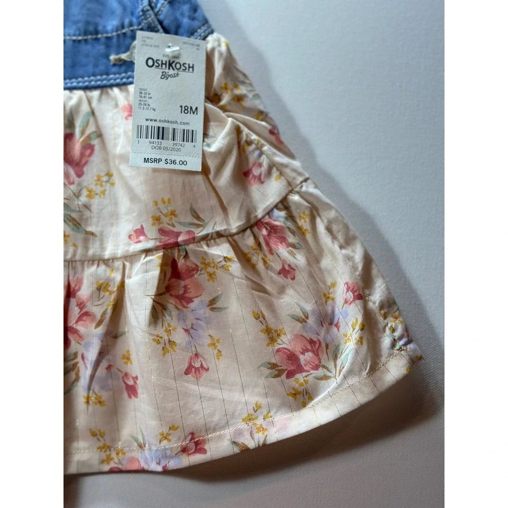 OshKosh Bgosh Baby Girls Denim Floral Tiered Overall Dress 18M NWT